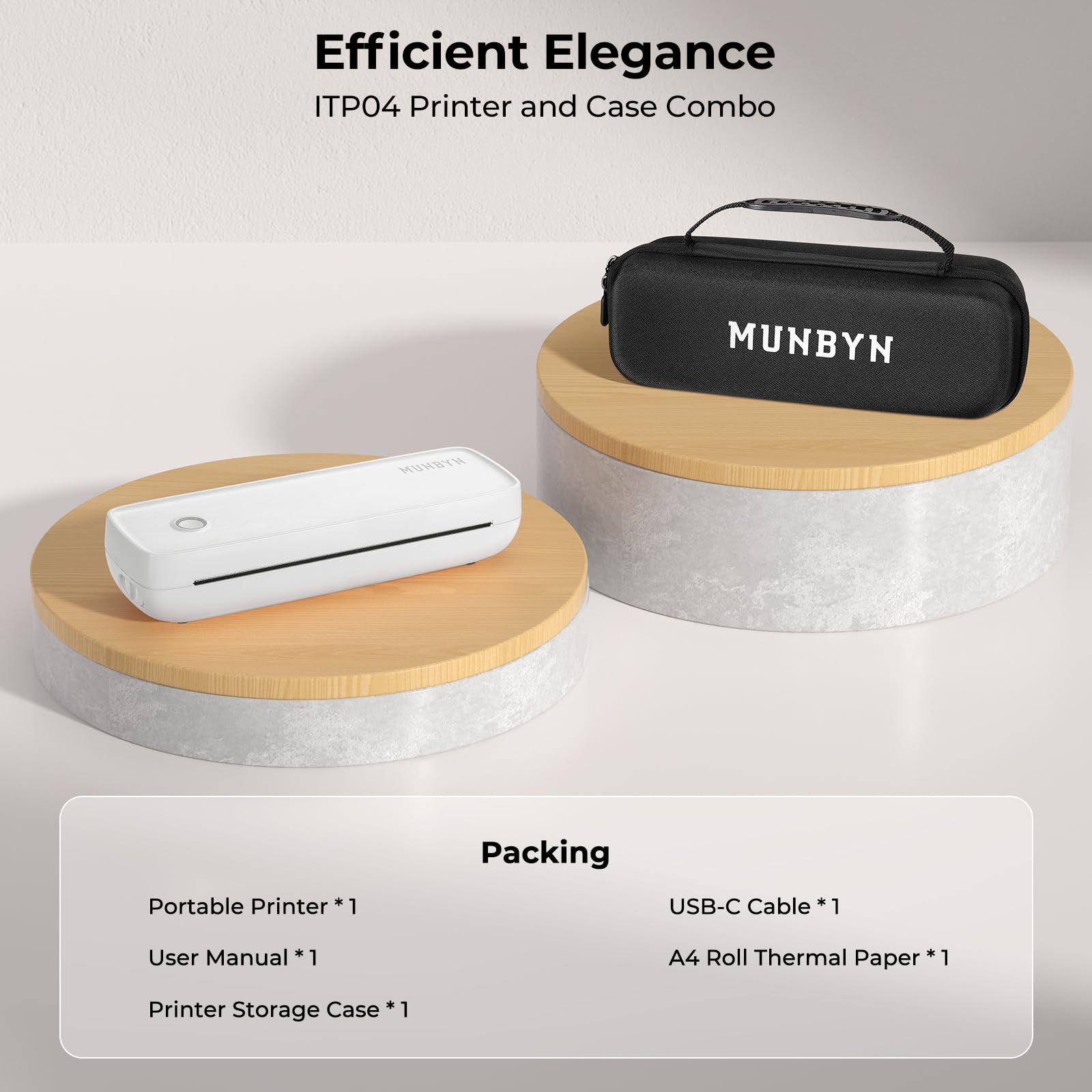 MUNBYN Portable Printers Wireless for Travel ITP04 with Carry Case, Portable Printer Bluetooth, Support 8.5 x 11 & A4 Thermal Paper, Compatible with Android, iOS & Laptop, Inkless Printer (White)