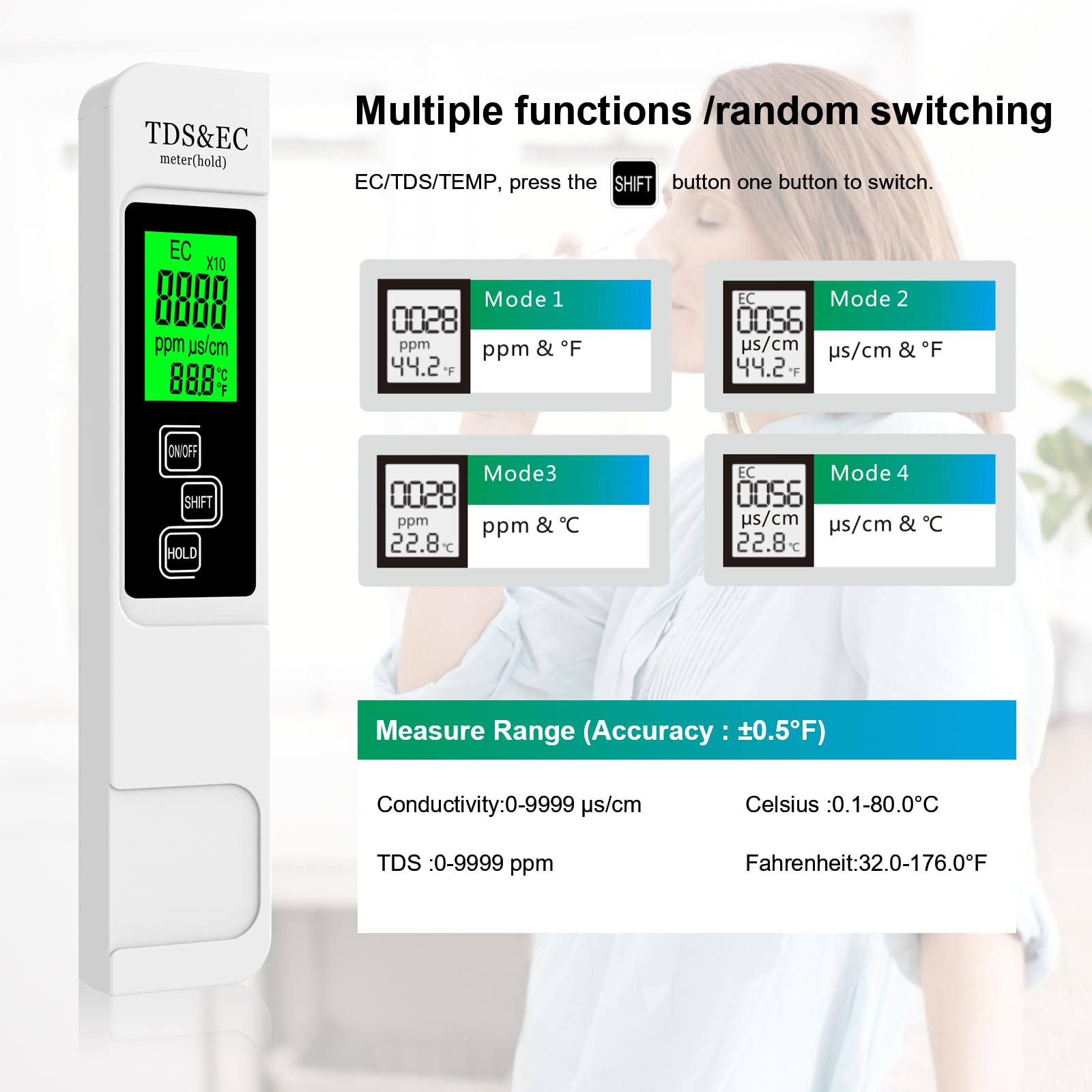 𝐌𝐨𝐬𝐭 𝐀𝐜𝐜𝐮𝐫𝐚𝐭𝐞 𝐒𝐨 𝐅𝐚𝐫 4-in-1 Instant Read TDS Meter - Measures TDS, EC, & Temperature (°C/°F) - Digital Water Testing Kit for Tap, Well, Pool, Hydroponics, Aquarium, RO/DI System White