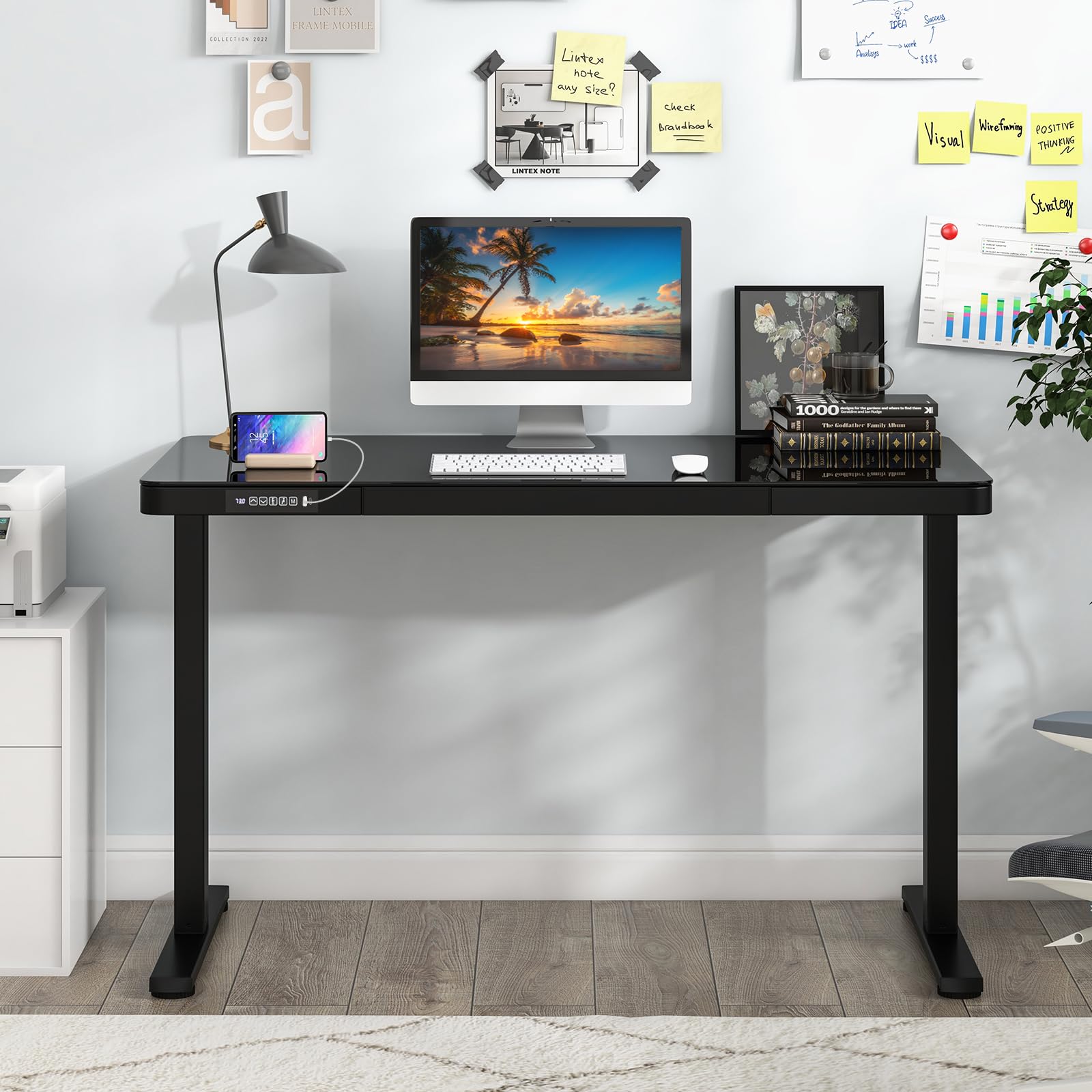 Giantex Glass Standing Desk with Drawer, 48" x 24" Height Adjustable Electric Stand Up Desk with Tempered Glass Top, 2 Memory Positions & USB Type-C Outlets, Sit Stand Desk for Home Office, Black