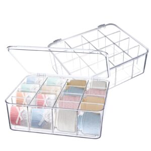 Hiitytin 2Pcs Socks Bra Underwear Drawer Organizer for Closet, Plastic Storage Box with 16 Removable Compartments and Lid, Clear Dresser Drawer Organizer Storage Container with Dividers for Ties Belts