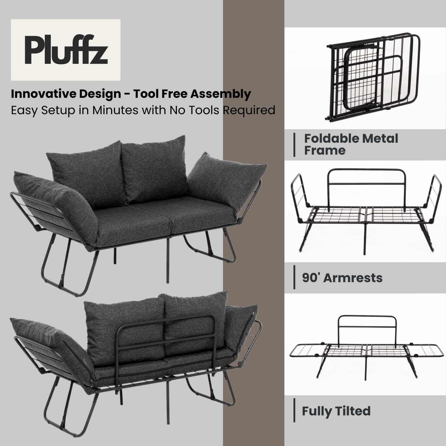 Pluffz Modern Folding Futon Sofa Bed Convertible Recliner Lounge for Living Room - Comfortable Sleeper Couch with Adjustable Armrests, Full Size Mattress, Ideal for Small Spaces, Offices and RVs