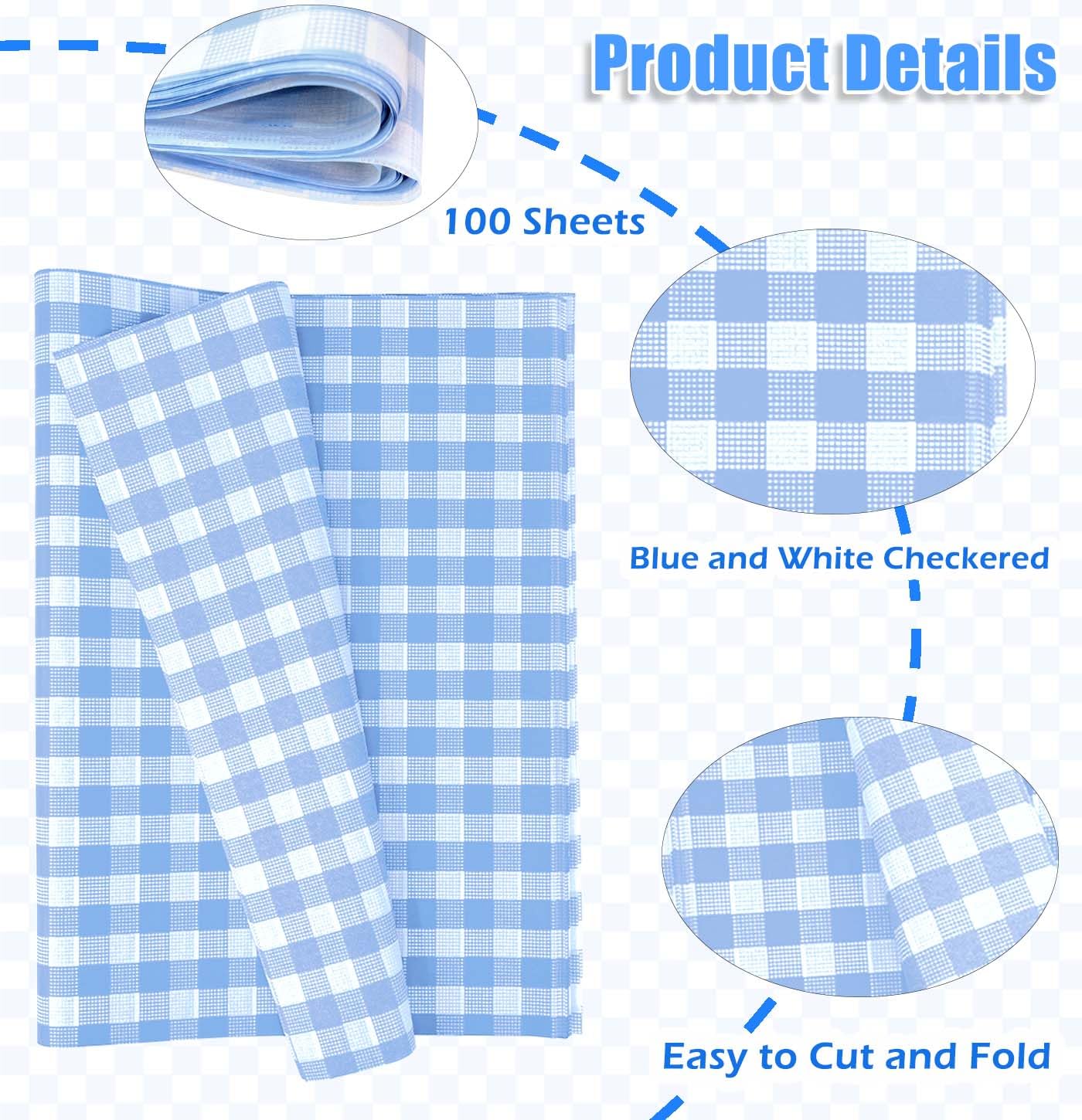 MUNILAIL 100 Sheets Gingham Tissue Paper 14 x 20 Inches Light Blue and White Checkered Tissue Paper for Gift Bags Bulk Wrapping Paper Gift Paper Tissue for Birthday Gift Packing Crafts