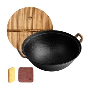 wangyuanji handmade cast iron wok 11.8",small round bottom wok for 1 person with dual handle,suitable for gas stoves,uncoated chinese traditional wok with round-bottom woks