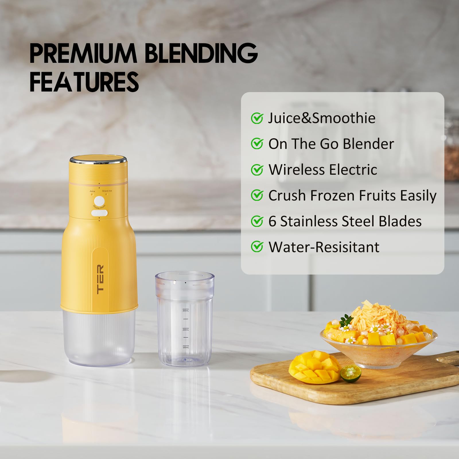 TER Shaved Ice Machine & Juice Blender 2 in 1, Snow Cone Machine Ice Shaver Machine, Portable Blender for Shakes and Smoothies, Cordless Electric, Rechargeable, BPA Free, Yellow