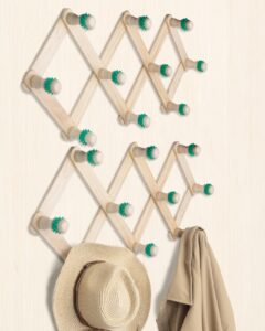 wooden expandable accordion wall hanger,2 pack including 20 peg hooks,perfectly hook for coats, mugs,coffee, coat,keys, hat rack,x shap,make living room decorative and neat,rustic style (white)