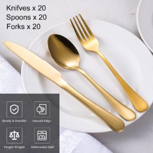 60-Pcs Gold Silverware Set - Stainless Steel Flatware Cutlery Set Service for 20, Mirror Polished Gold Flatware Set Include Forks Spoons Knives for Home, Wedding, Restaurant, Dishwasher Safe