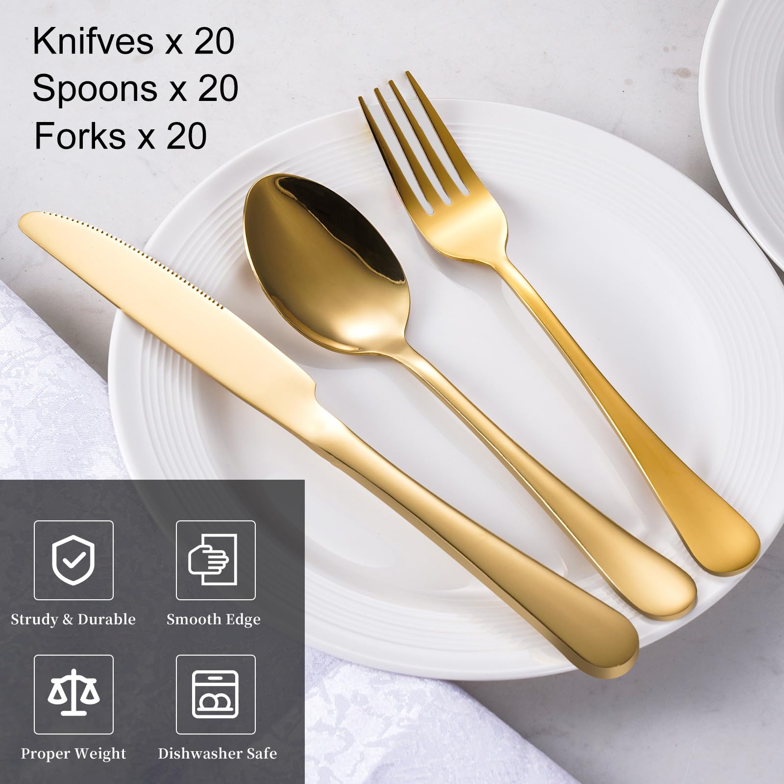 60-Pcs Gold Silverware Set - Stainless Steel Flatware Cutlery Set Service for 20, Mirror Polished Gold Flatware Set Include Forks Spoons Knives for Home, Wedding, Restaurant, Dishwasher Safe