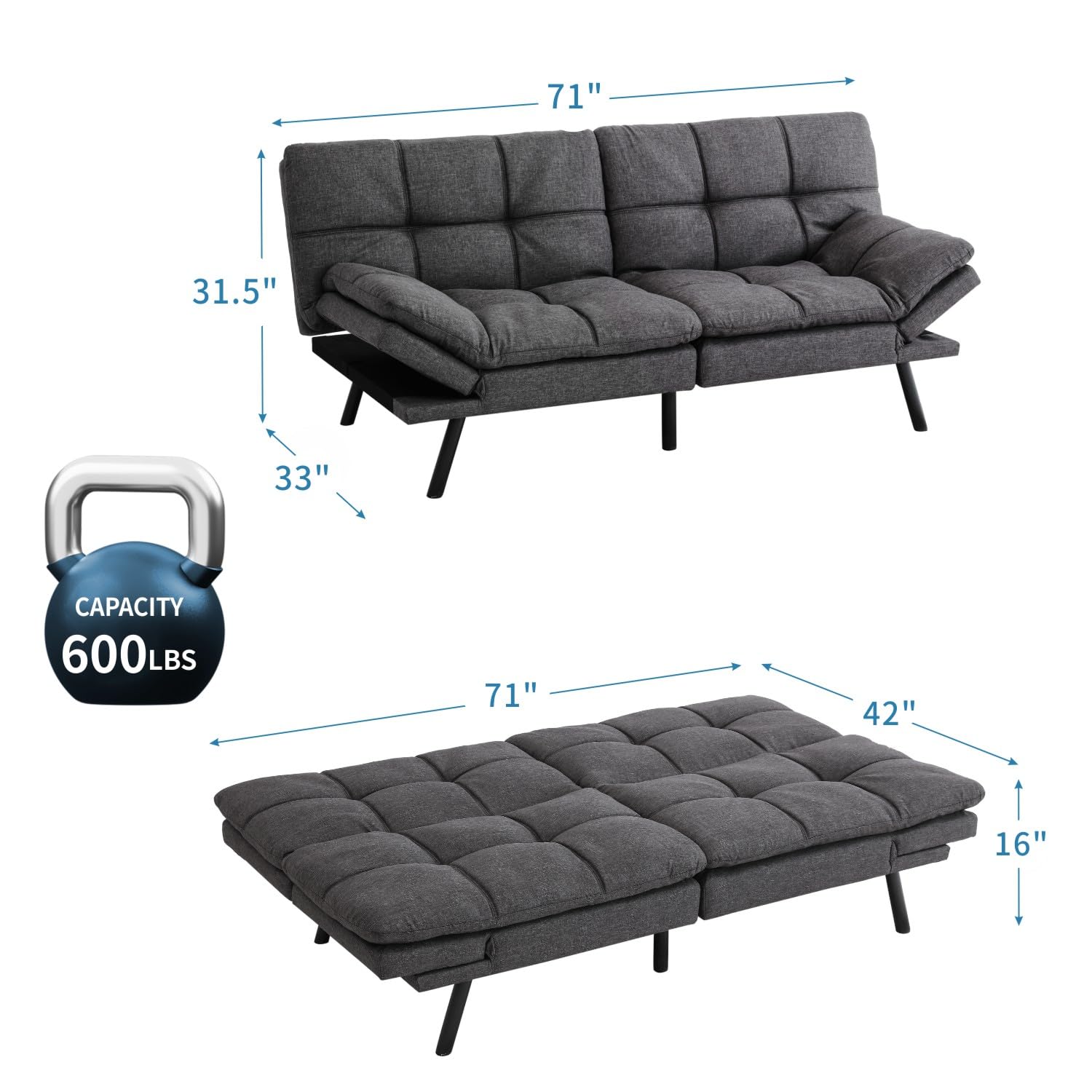 MUUEGM Futon Sofa Bed, Convertible Memory Foam Sofa Bed, Modern Love Seat Sofa Bed for Living Room, Office, Dormitory, Apartment, Adjustable Backrest & Armrests, (Linen Fabric, Dark Gray)