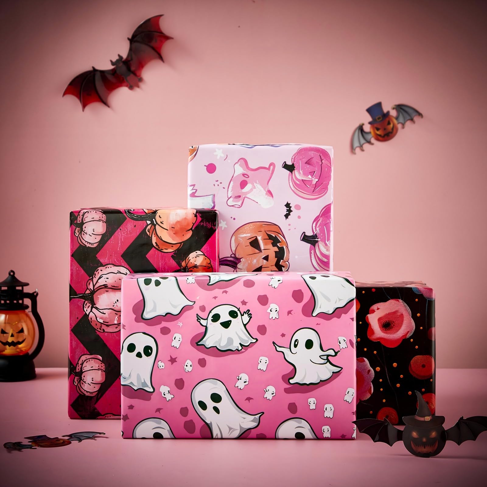 Vnaaem Pink Halloween Wrapping Paper with Ghost Pumpkin Skeleton Patterns Folded Flat Art Paper for DIY Crafts Trick or Treat Birthday Party - 20 X 28Inches Per Sheet(8 Pack)