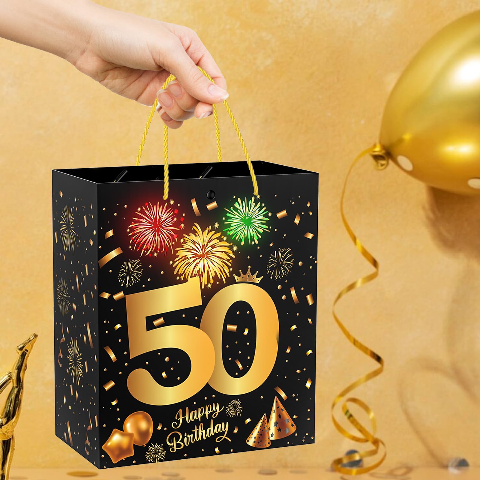 VANSHINIEER 50th Birthday Gift Bag with Fireworks Light and Music, Large Size Black Gold Gift Wrap Bag with Handles for 50th Birthday Party Decorations Supplies