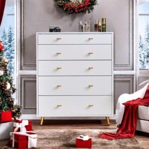 JanflyHome 5 Drawer Dresser for Bedroom Tall, Glass Dresser with 20 Colors LED Lights, Wardrobe Closet Island as Jewelry Organize, Jewelry Dresser Display, White