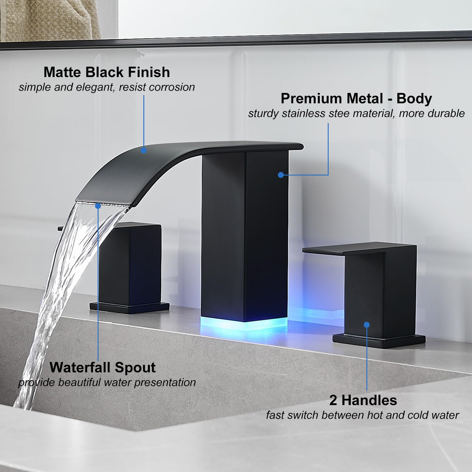 RUMOSE LED Bathroom Faucets Set Matte Black 8 inch Bathroom Sink Faucet 3 Hole with Pop Up Drain Widespread Lavatory Waterfall Vanity Faucet with 3 Colors Light Changing Stainless Steel Deck Mounted