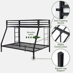 MUTICOR Modern Twin Over Full Metal Loft Bed with Ladder for Junior & Adults, Space-Saving Bunk Bed Frame, Sturdy & Durable, Ideal for Bedrooms, Dorms, and Guest Rooms, Black