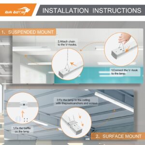 Run Bison 4FT LED Linear Strip Light, 120V-277V, 34/38/45W 4420/4940/5850LM, 3CCT Selectable, Flush Mount 0-10V Dimmable Commercial Grade LED Strip Light Fixture for Warehouse, UL Listed - 2PK