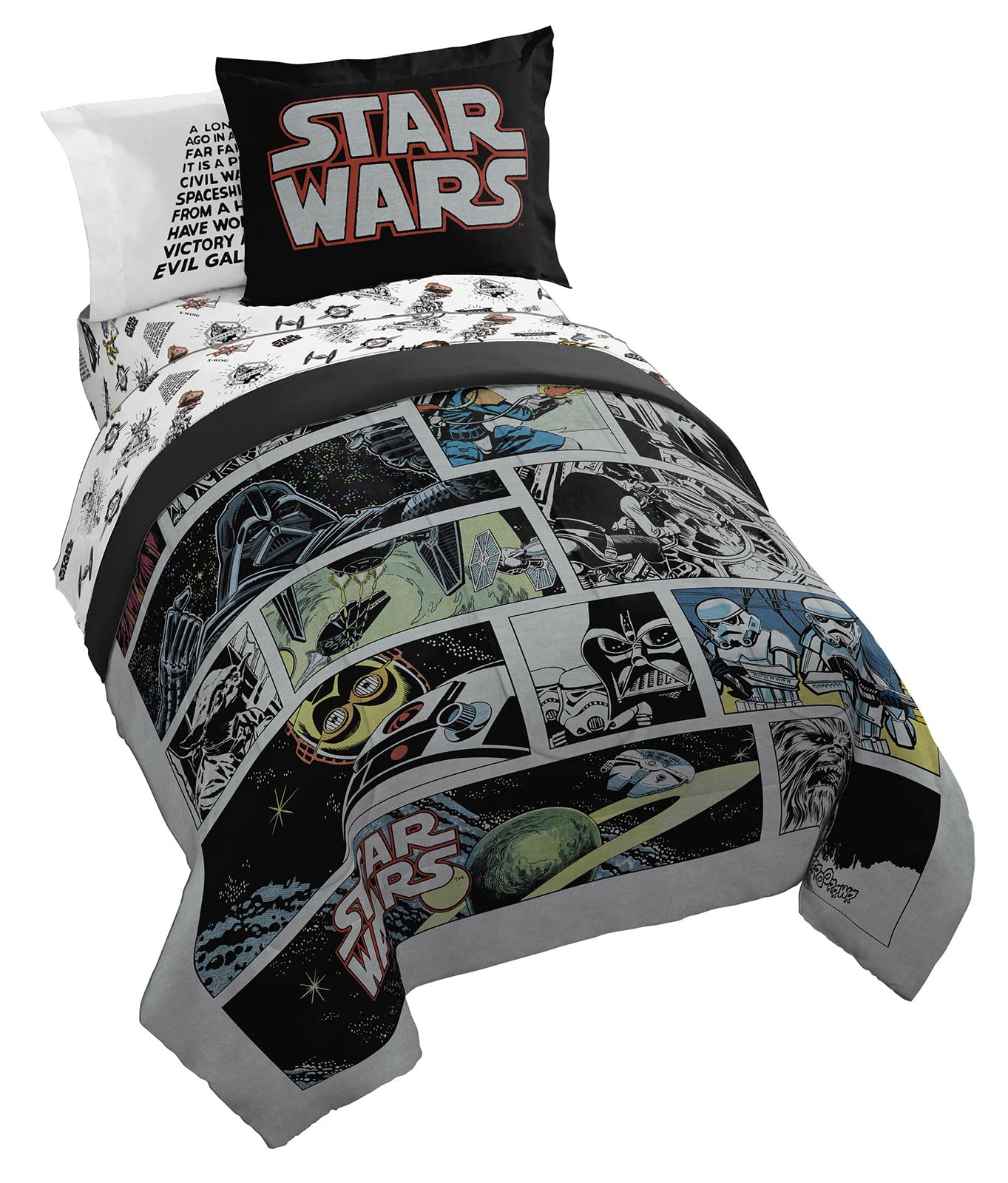 Star Wars Comic Book Twin Size Comforter Set - 5 Piece Bedding Includes Sheet Set & Pillow Covers - Super Soft Cozy Kids Bedding