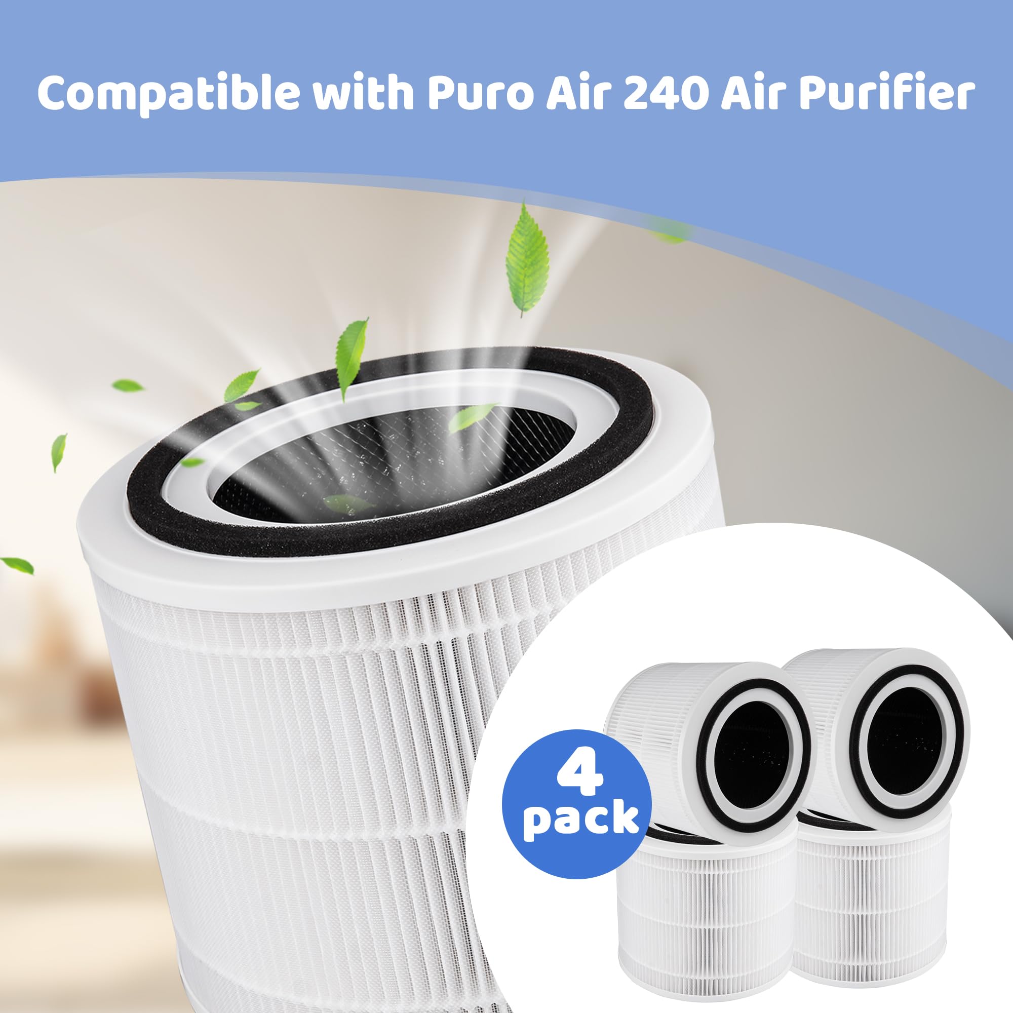 Breshair True HEPA Filter Replacement Compatible with Puro 240 Air Purifier, 3-in-1 Filtration System with Activated Carbon Filter, 4-Pack