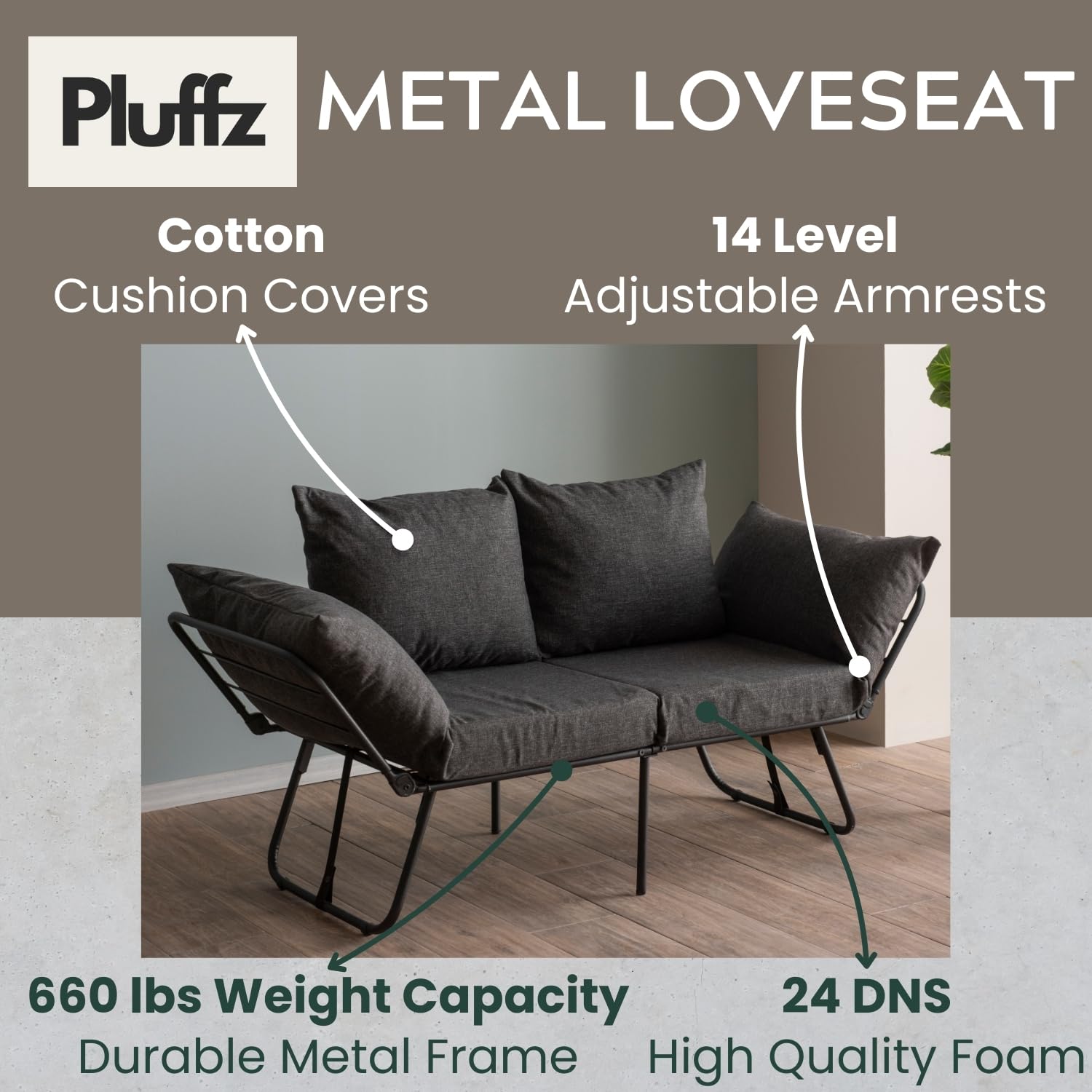 Pluffz Modern Folding Futon Sofa Bed Convertible Recliner Lounge for Living Room - Comfortable Sleeper Couch with Adjustable Armrests, Full Size Mattress, Ideal for Small Spaces, Offices and RVs