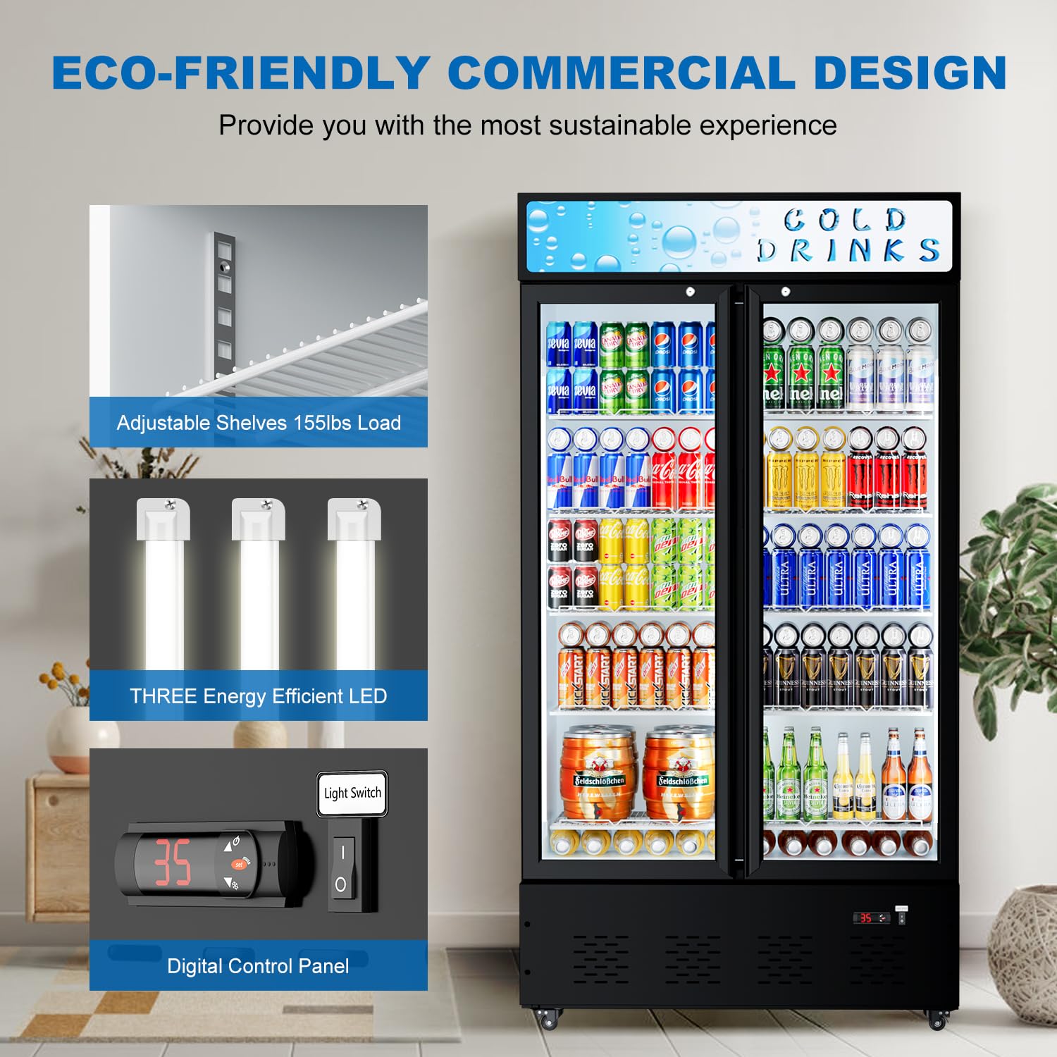 ECEVT 30 Cu.ft. Commercial Beverage Refrigerators Glass Door Refrigerator Upright Display Cooler with Soft LED Light and Adjustable Shelves for Restaurant Grocery Stores Home, Black