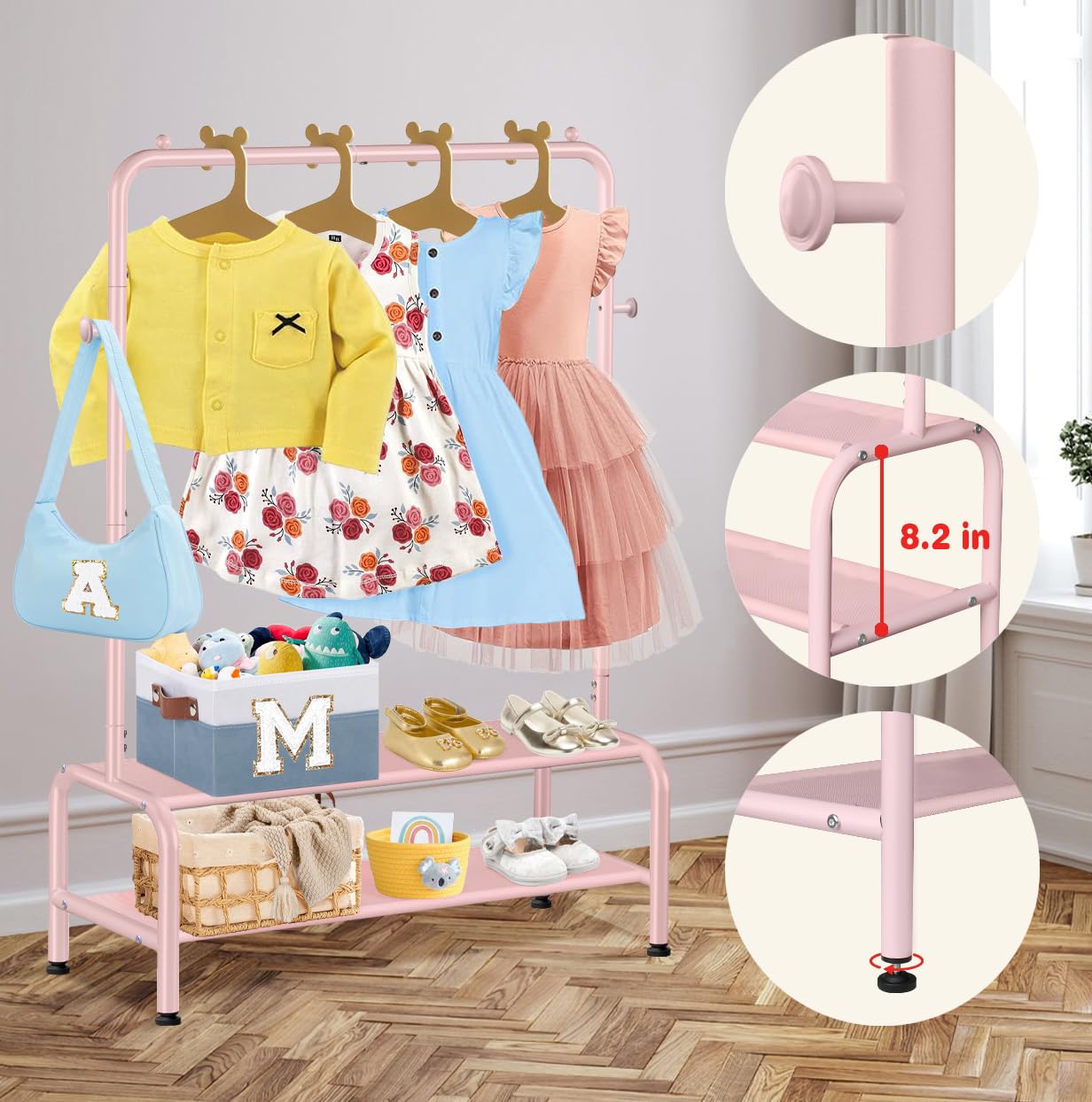 Kids Clothing Rack - Kids Dress Up Clothes Storage Racks - Dress Up Rack for Little Girls - Small Kids Costume Wardrobe Rack with 2 Fabric Floors Storage Shelf - Mini Short Kids Clothing Garment Rack