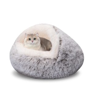 gosalisu cat beds for indoor cats, round hooded calming bed for small dogs, cozy warming plush cat bed cave, anti-slip machine washable puppy pet beds 20inch