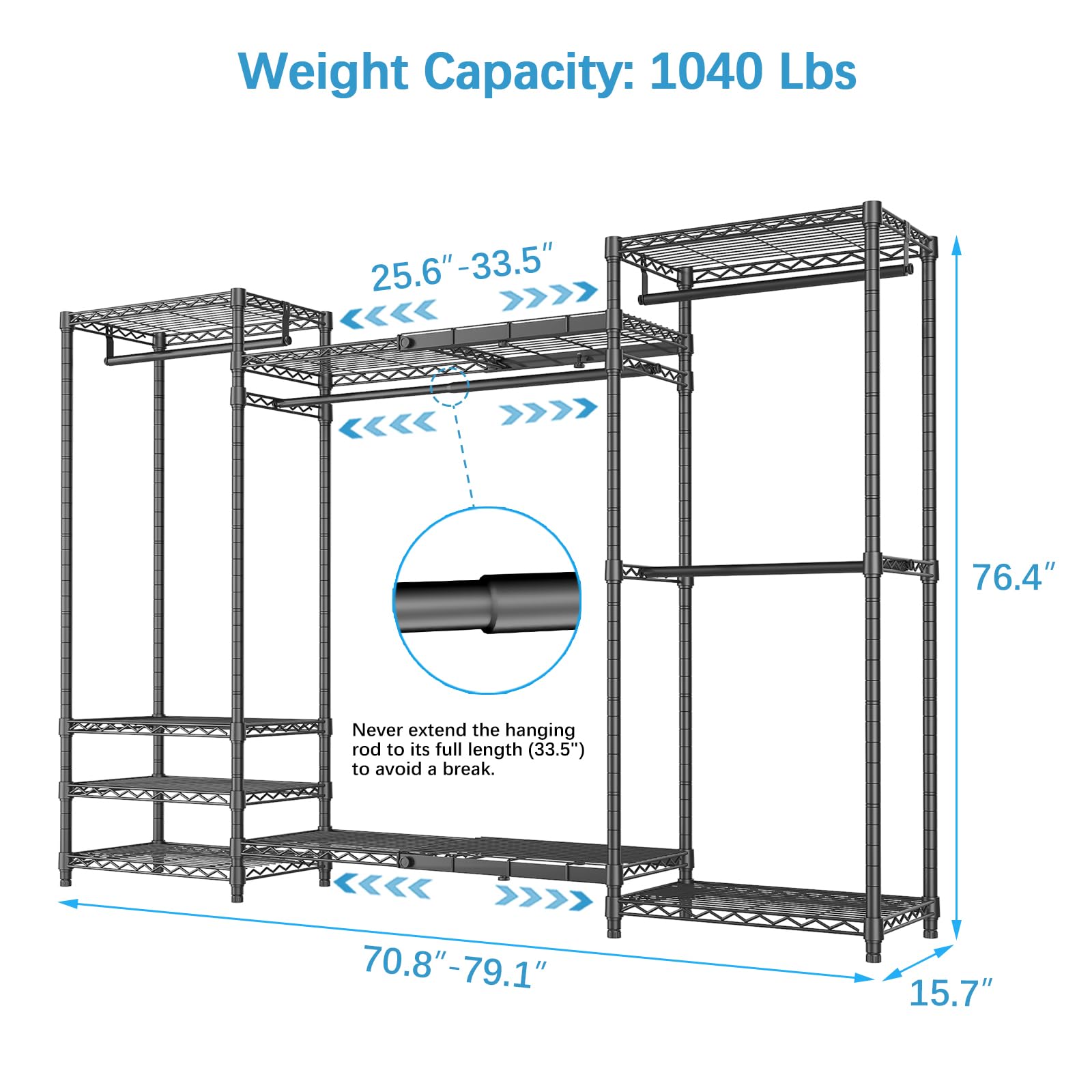 VIPEK X5 Expandable Clothes Rack, Large Freestanding Portable Closet Heavy Duty Clothing Rack for Hanging Clothes with 4 Hanging Rods & 8 Wire Shelves, Adjustable from 5.9 ft to 6.6 ft, Black