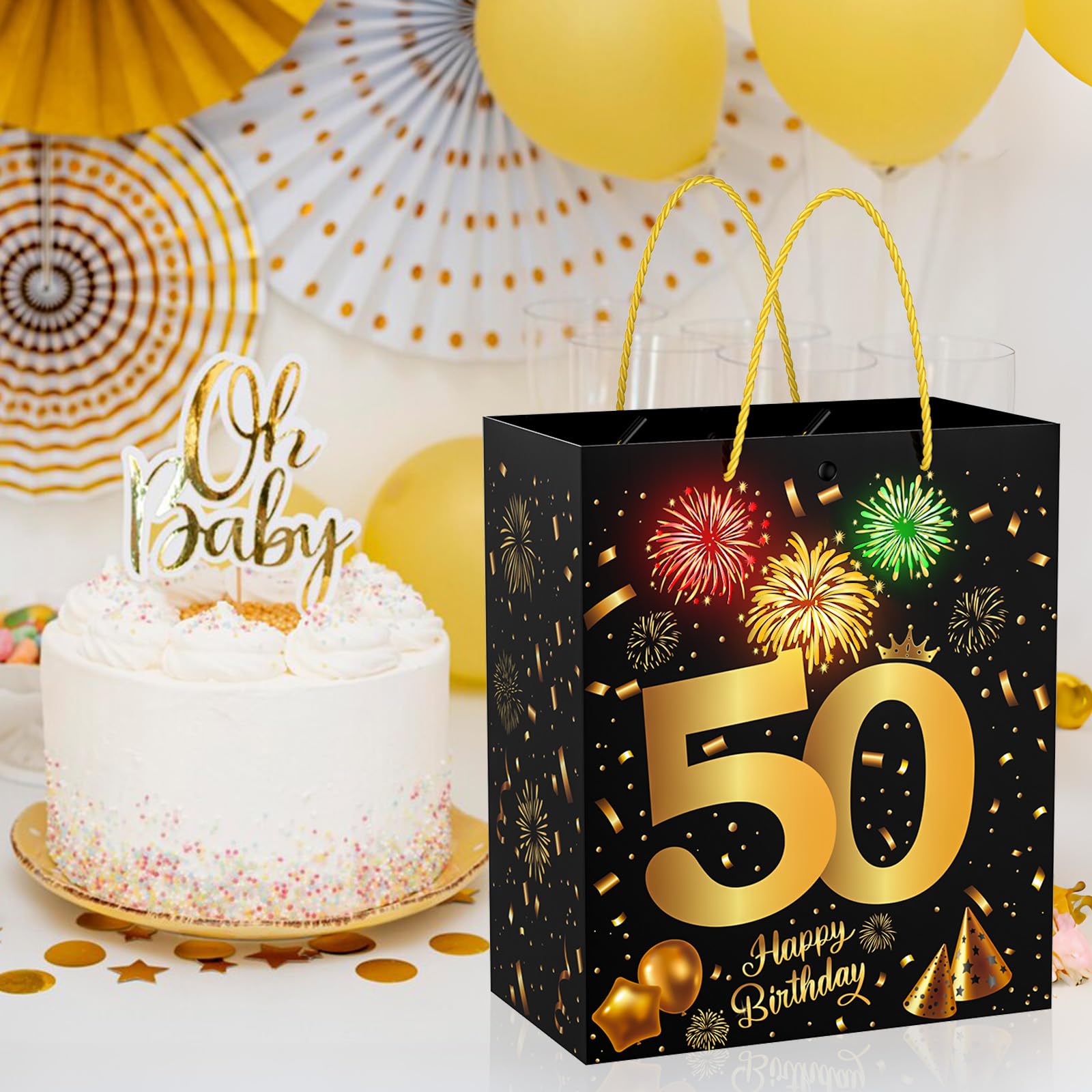 VANSHINIEER 50th Birthday Gift Bag with Fireworks Light and Music, Large Size Black Gold Gift Wrap Bag with Handles for 50th Birthday Party Decorations Supplies