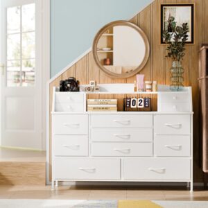 Fixwal White Dresser for Bedroom with 13 Drawers, Fabric Chest of Drawers with PU Finish for Kids, Girls, Adults, Nursery, Living Room, Closet, Entryway, Hallway (No LED Lights)