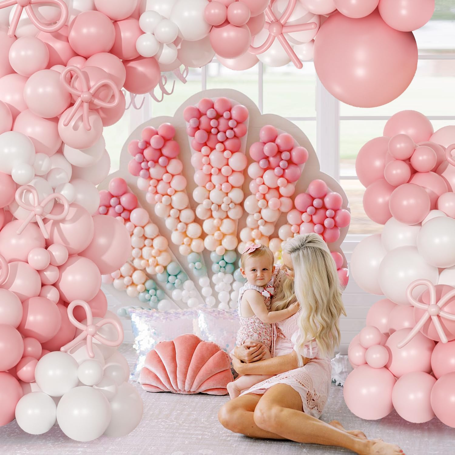 Coquette Birthday Decorations 145 Pcs Coquette Bow Pink and White Balloon Arch Kit Include Bow Balloon Light Pink White Bow Balloons for Pink Bow Birthday Party Decorations