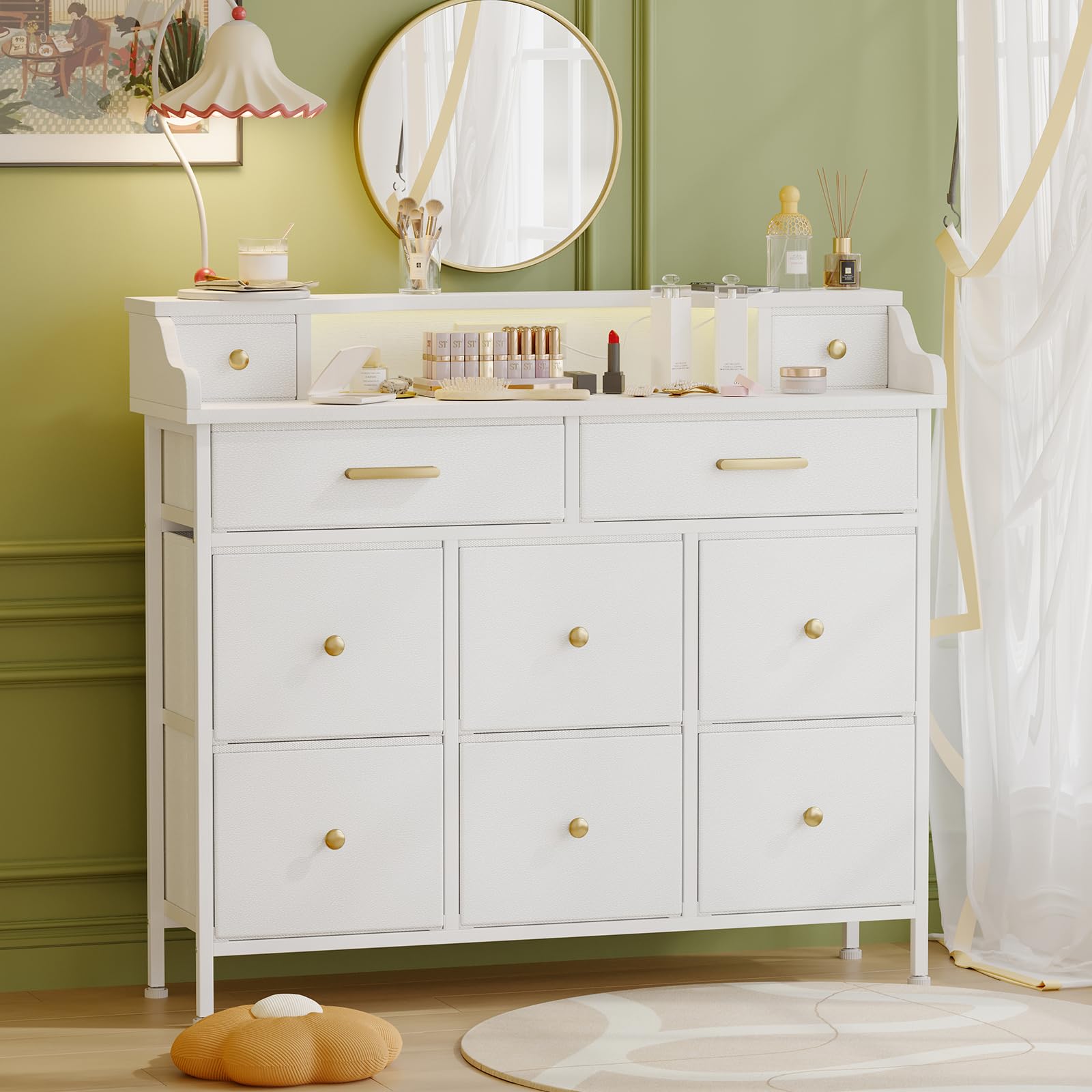 Fixwal White Dresser for Bedroom with 10 Drawers, Fabric Chest of Drawers for Kids, Girls, Nursery, Living Room, Closet, Entryway, Hallway