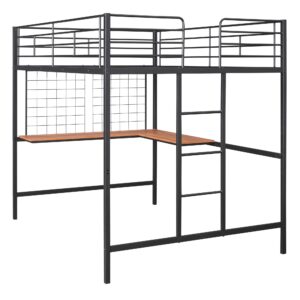 Black Full Loft Bed with Desk & Metal Grid, Metal Loft Bed Full Size with Safety Guardrails and Ladders, High Loft Bed Frame for Teens, Adults, No Box Spring Needed