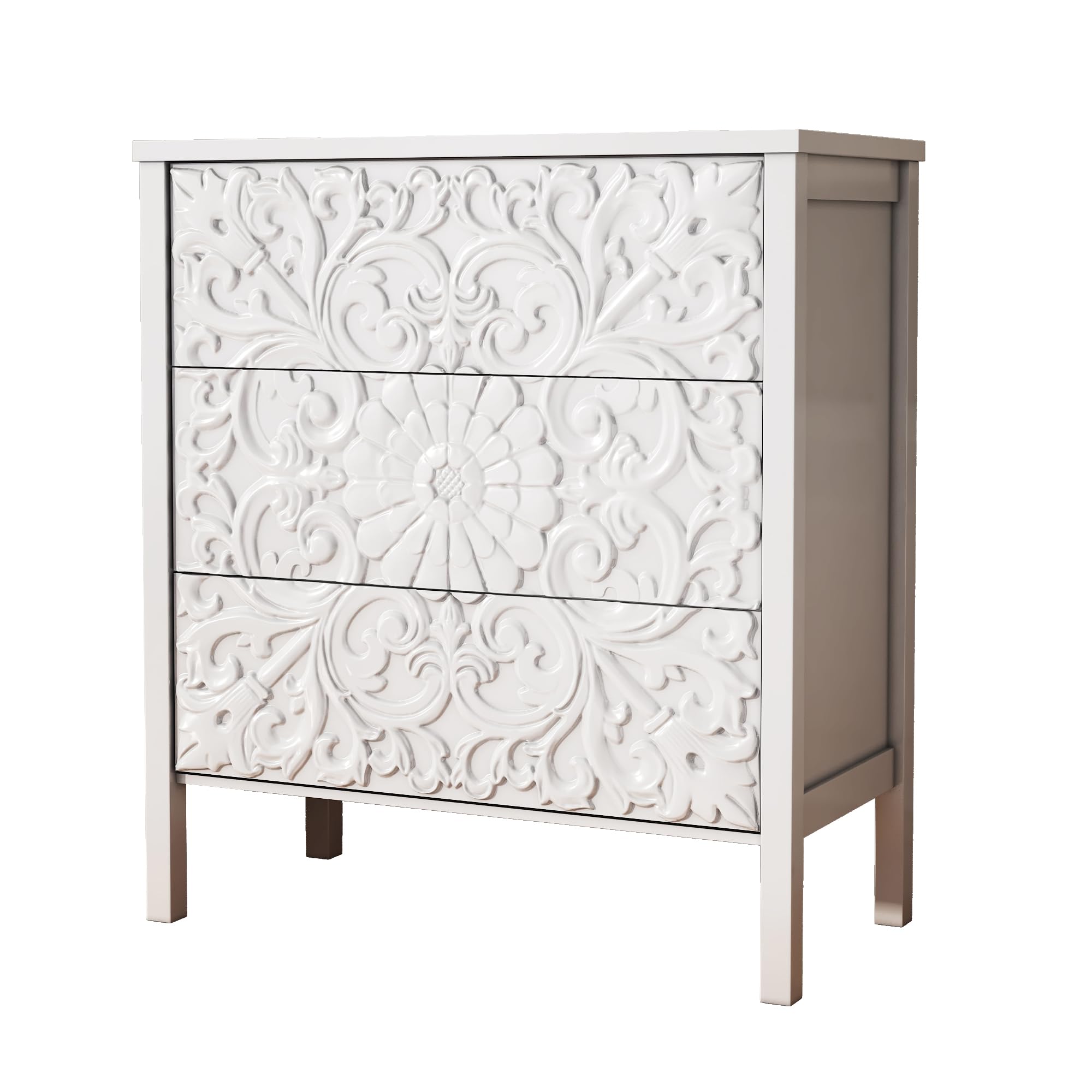 PHOYAL 3-Drawer Dresser Chest, Modern Wooden Flower Motif Dresser with Wide Storage Space Chest of Drawers Bedside Nightstand Dresser Closet for Living Room Bedroom, Hallway (White)