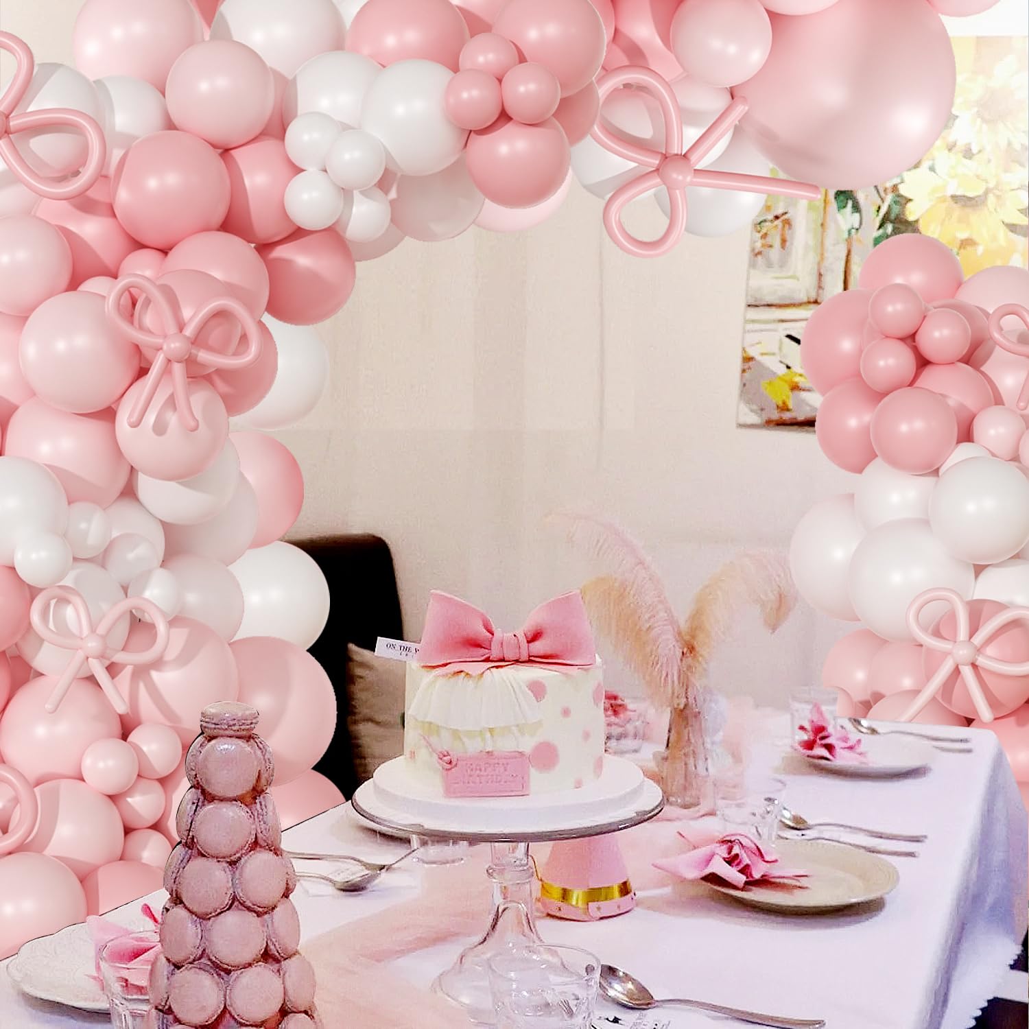 Coquette Birthday Decorations 145 Pcs Coquette Bow Pink and White Balloon Arch Kit Include Bow Balloon Light Pink White Bow Balloons for Pink Bow Birthday Party Decorations