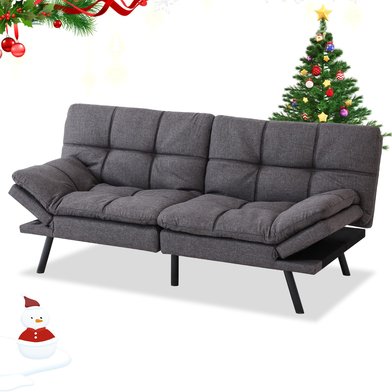 MUUEGM Futon Sofa Bed, Convertible Memory Foam Sofa Bed, Modern Love Seat Sofa Bed for Living Room, Office, Dormitory, Apartment, Adjustable Backrest & Armrests, (Linen Fabric, Dark Gray)