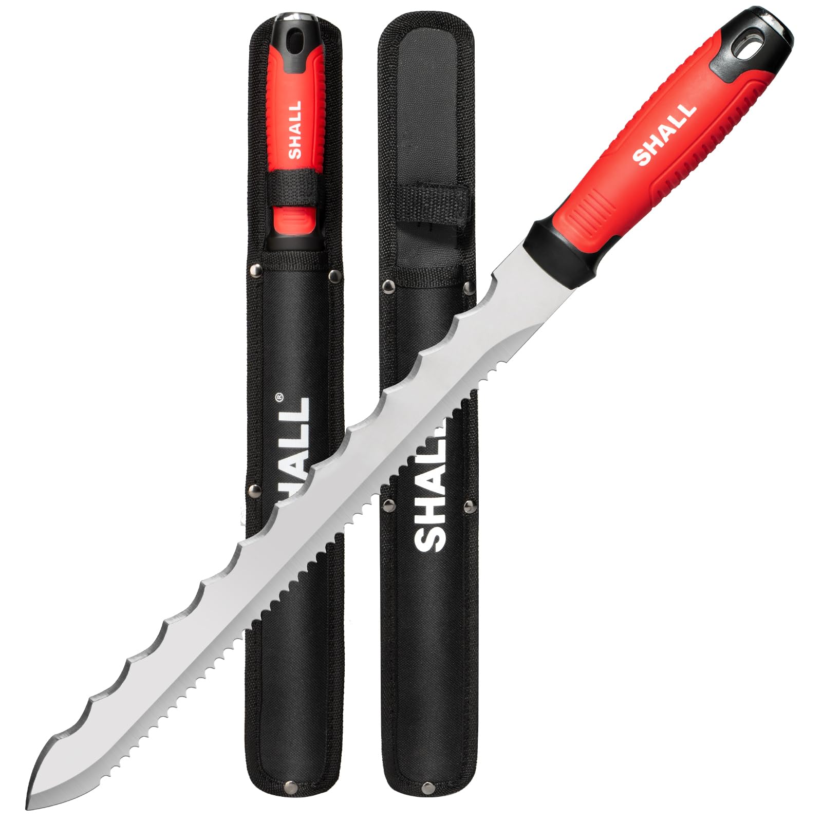 SHALL Insulation Knife, 11" Stainless Steel Blade Insulation Cutter, Dual-sided Serrated Sharp Duct Knife Tool with Sheath for Cutting Heat Material Foam/Rockwool/Styrofoam - Sod Cutter Garden Knife