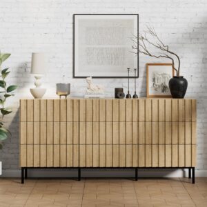 uev modern 9 drawer dresser for bedroom,59" mid century modern dresser,fluted dresser natural wood dresser with panels for handle,long chest of drawers tv stand dresser for bedroom,living room,hallway