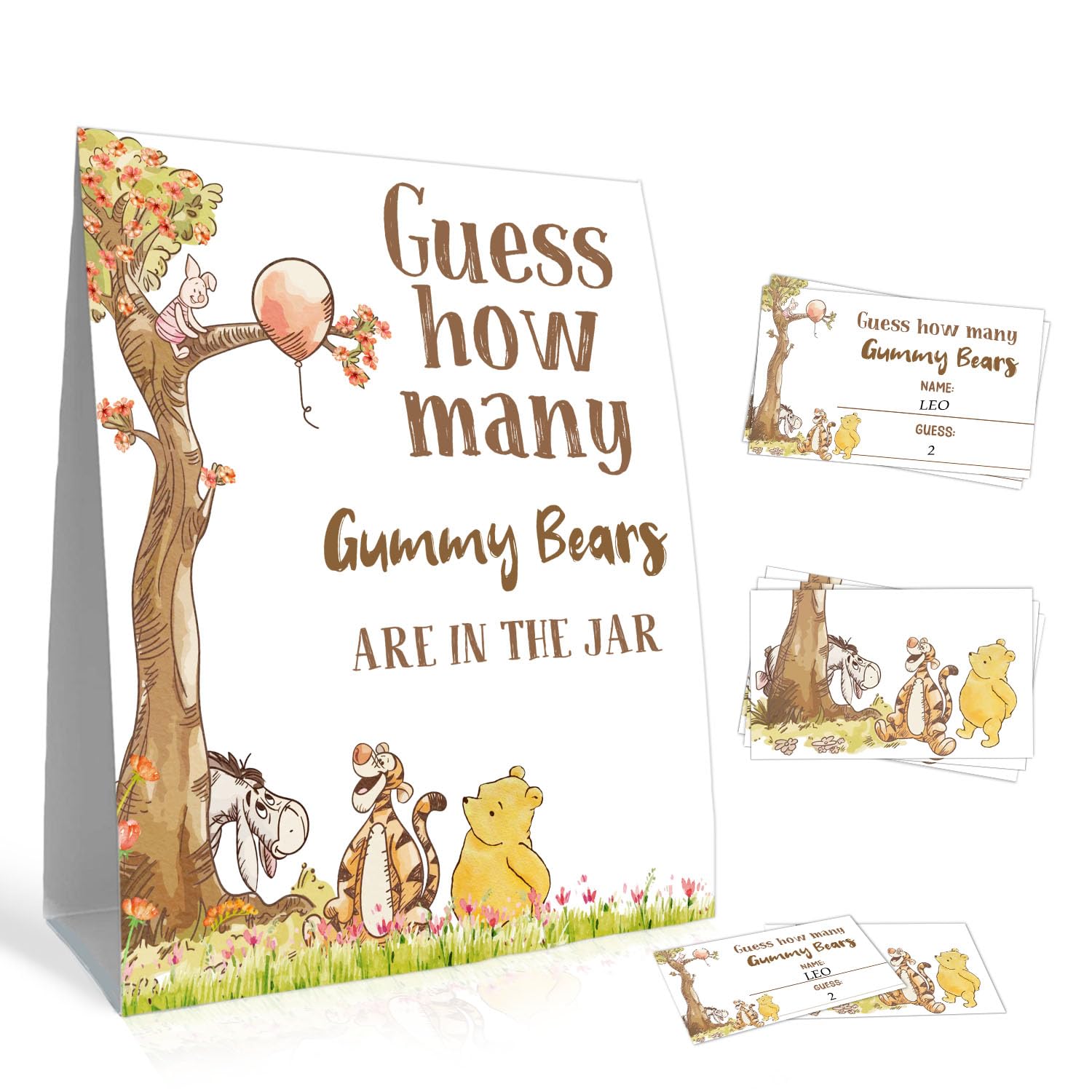 Winnie Baby Shower Games Card for Boys Girls, Includes 1 Guess How Many Gummy Bears Sign and 30 Guessing Cards, Winnie Game Cards Set, Baby Shower Birthday Party Decorations