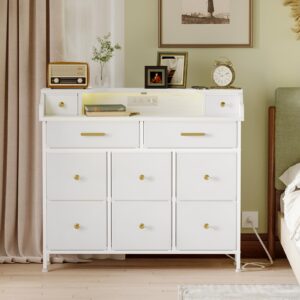 Fixwal White Dresser for Bedroom with 10 Drawers, Fabric Chest of Drawers for Kids, Girls, Nursery, Living Room, Closet, Entryway, Hallway