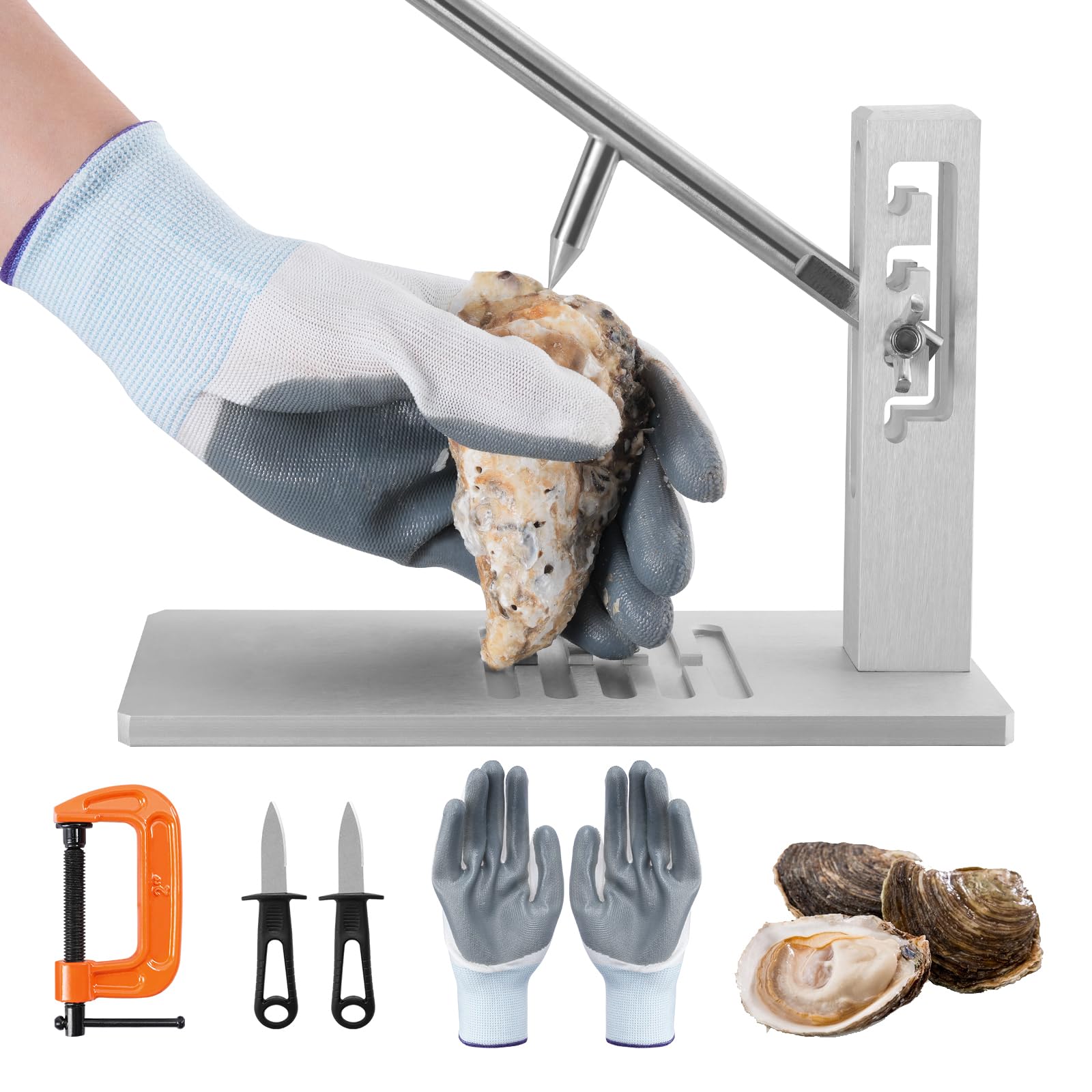 Yosuny Oyster Clam Opener Machine Oyster Shucker Machine Adjustable Oyster Shucking Knife Oyster Shucker Tool Set Including Knifes, Glove and G-Clip for Hotel Family Buffet Home