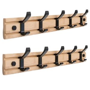 tacoday bamboo wall mounted coat rack with 5 hooks, 15.7" long, set of 2