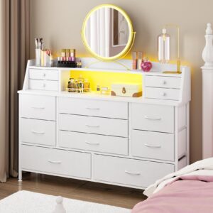 fixwal white dresser for bedroom with 13 drawers, fabric chest of drawers with pu finish for kids, girls, adults, nursery, living room, closet, entryway, hallway (no led lights)