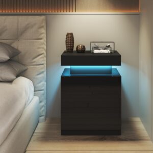 oneinmil Nightstand Set of 2, LED Nightstand with One Cabinet, Bedside Table with LED Lights, Modern End Side Table for Bedroom, Black