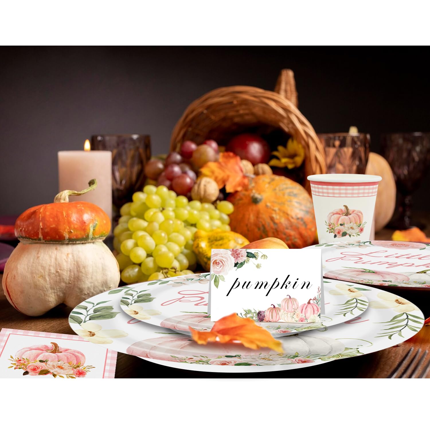 Pumpkin Party Supplies Tableware Set - Fall Theme Party Decorations Including Plates, Napkins and Cups for Pumpkin Birthday and Baby Shower Party, Serves 24 Guests (pink)