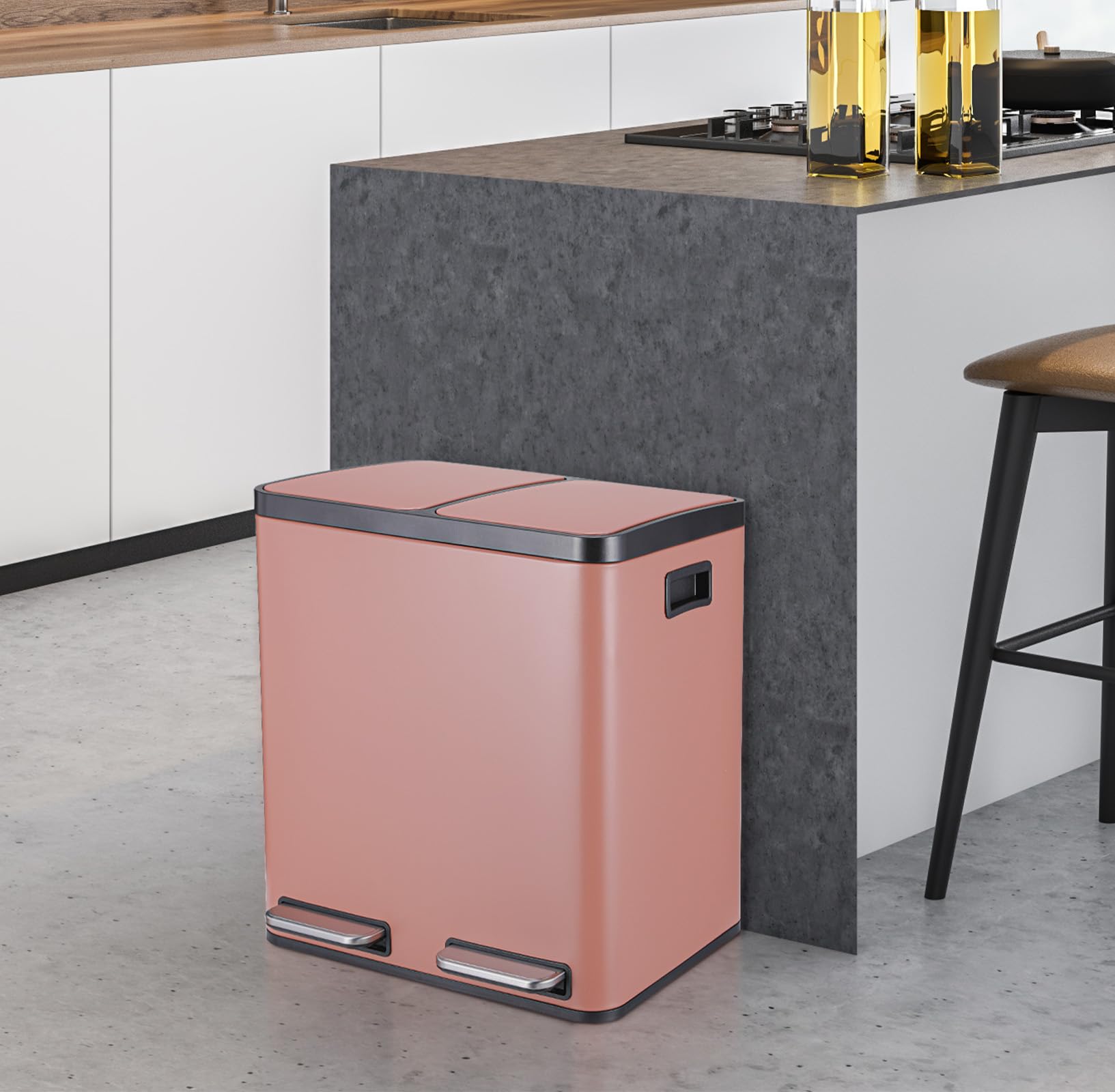 Arlopu 8 Gallon Dual Trash Can, 30L Stainless Steel Kitchen Garbage Can, Step-on Classified Recycle Garbage Bin with Removable Inner Buckets, for Kitchen, Living Room, Office (Pink)