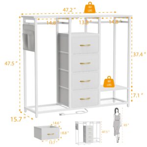 Dresser for Bedroom with 2 Clothes Racks,4 Drawer Dresser with Led Light and Charging Station,Wardrobe Dresser with Clothes Storage Chest Hanging Rack,Closet Dresser with Side Pocket and Hooks,White