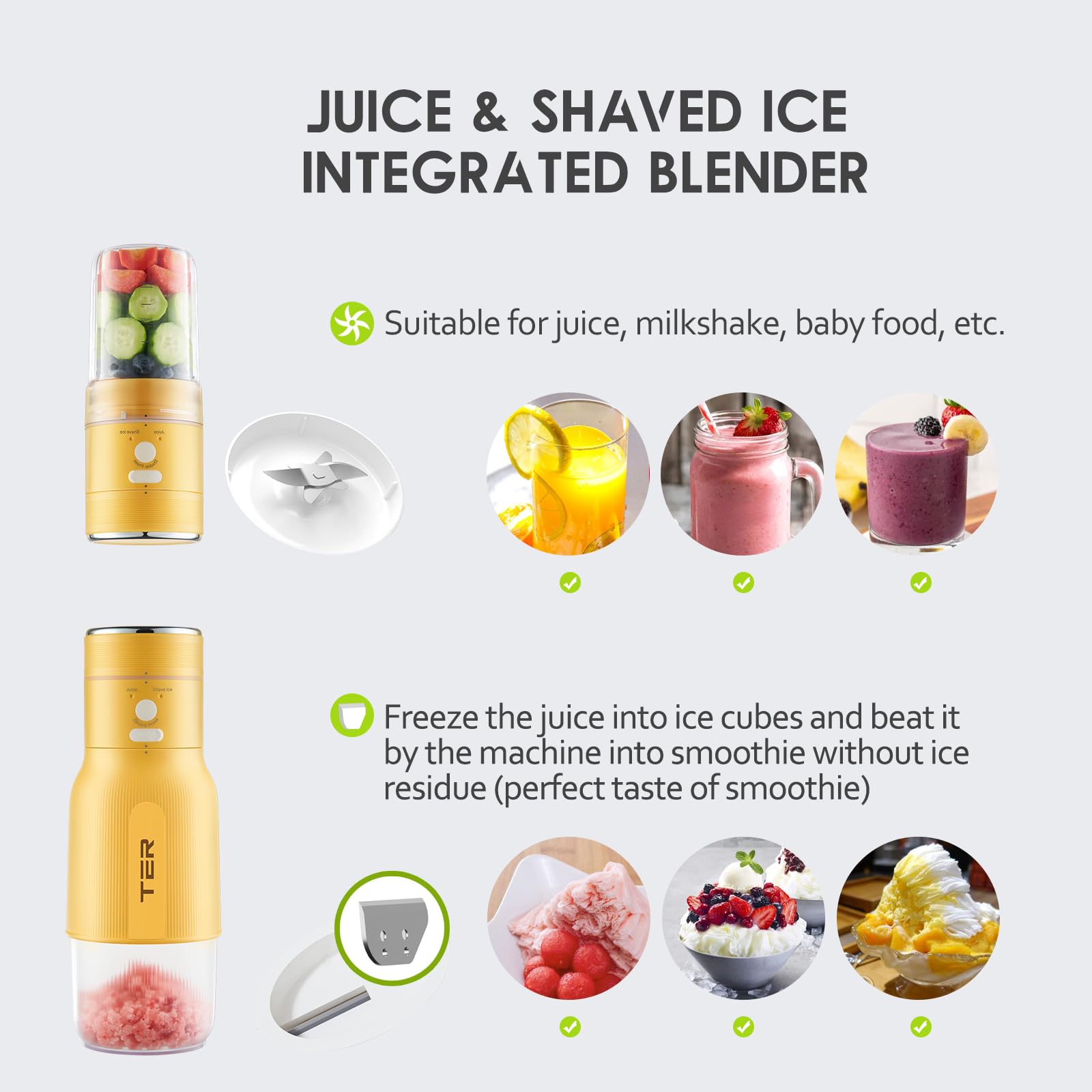 TER Shaved Ice Machine & Juice Blender 2 in 1, Snow Cone Machine Ice Shaver Machine, Portable Blender for Shakes and Smoothies, Cordless Electric, Rechargeable, BPA Free, Yellow