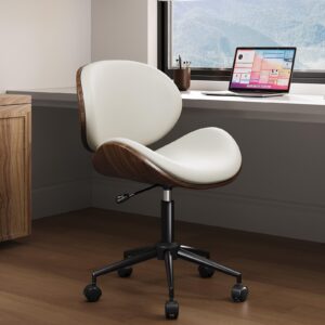 AMERLIFE Home Office Chair Set of 2, PU Leather Desk Chair, Modern Swivel Chair with Curved Back, Armless Desk Chair with Wheels for Home Office, White