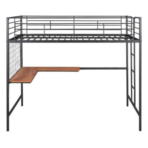 Black Full Loft Bed with Desk & Metal Grid, Metal Loft Bed Full Size with Safety Guardrails and Ladders, High Loft Bed Frame for Teens, Adults, No Box Spring Needed