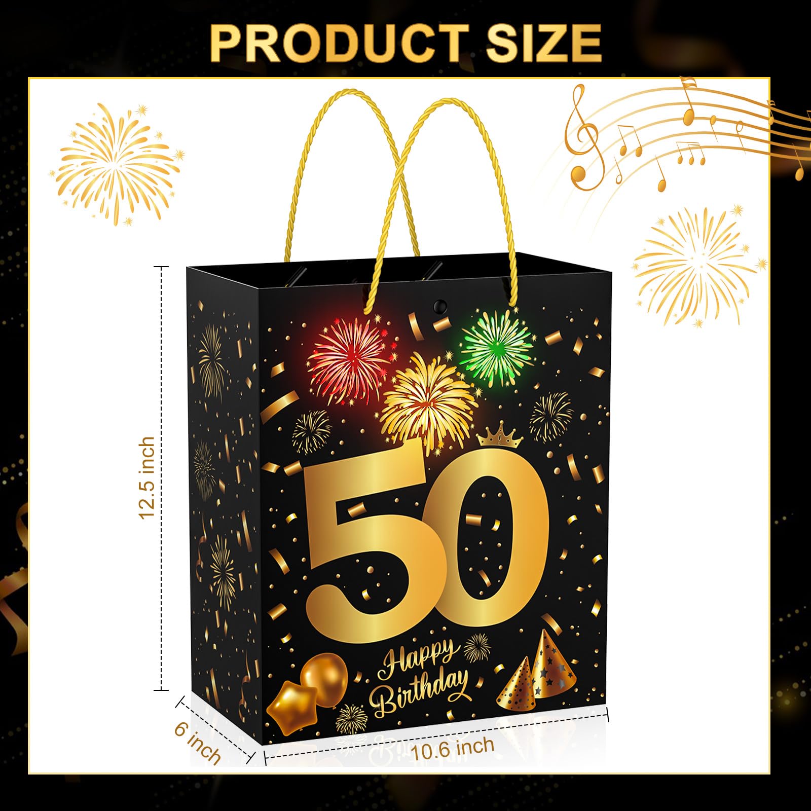 VANSHINIEER 50th Birthday Gift Bag with Fireworks Light and Music, Large Size Black Gold Gift Wrap Bag with Handles for 50th Birthday Party Decorations Supplies