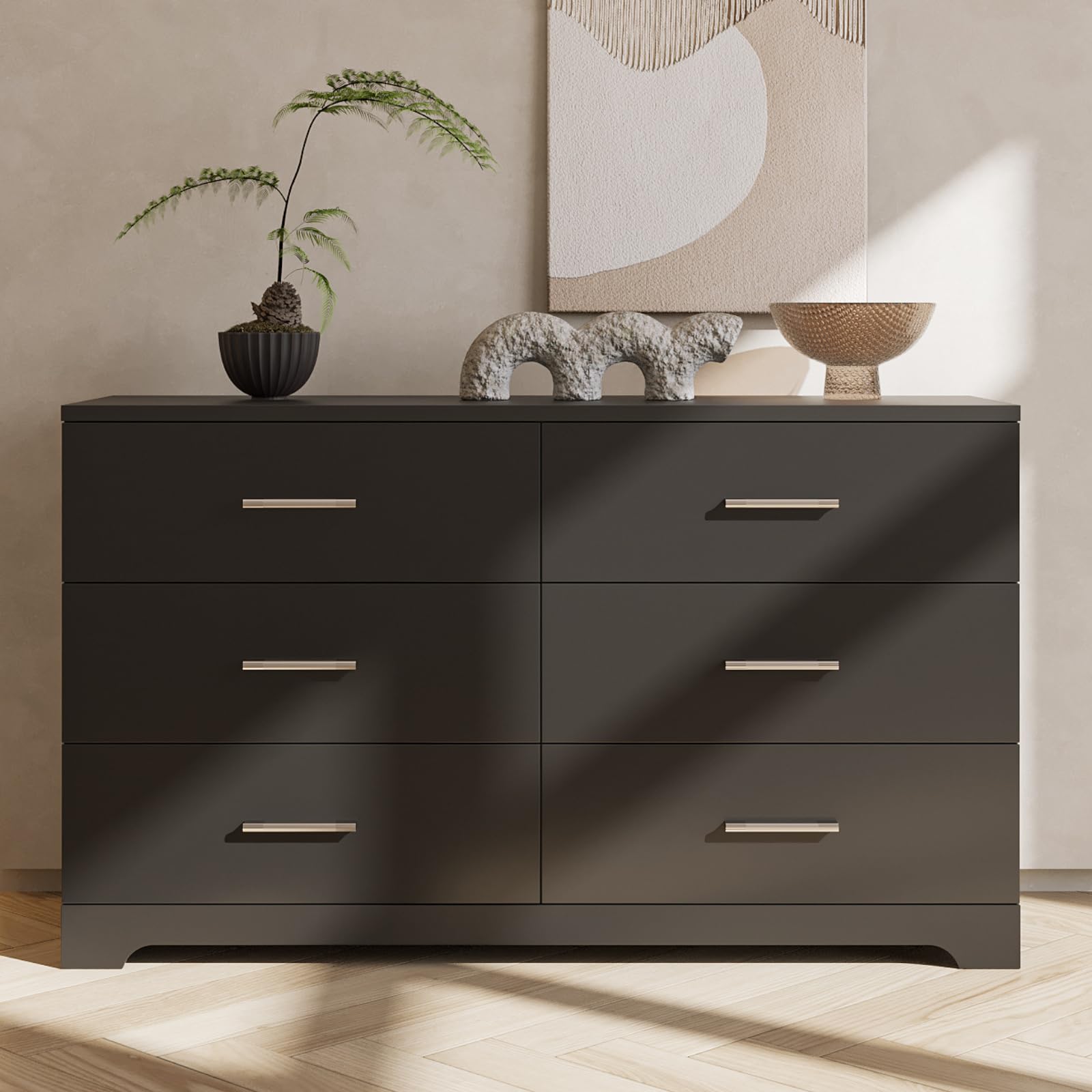 HOBBYZOO 6 Drawer Dresser for Bedroom, Black Bedroom Dresser with Deep Drawers, Wood Chest of Drawers with Storage, 55 Inch Dresser Bedroom Furniture, 47.2" x 15.7" x 27.6"