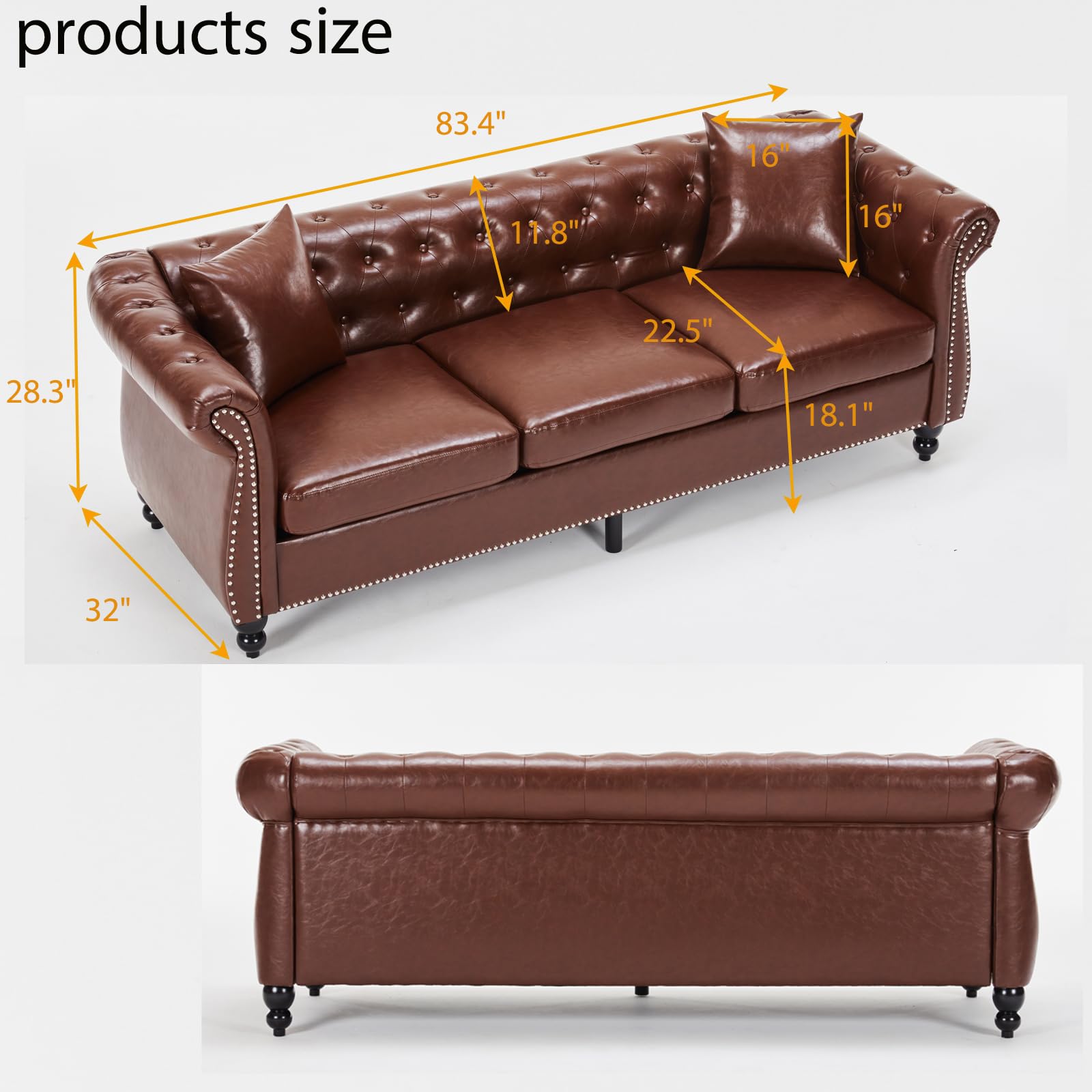 Chesterfield Sofa 83.4 " Faux Leather Couches with Gourd Wooden Legs, Deep Seat Comfy 3-Seater Upholstered Couch Button Nailhead Tufted Classic Couches for Living Room，Bedroom Easy to Assemble (Brown)